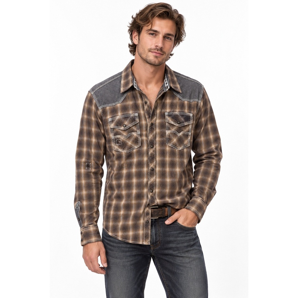 BKE Vintage Plaid Western Pearl Snap Shirt L Distressed Brown Grunge Cowboy